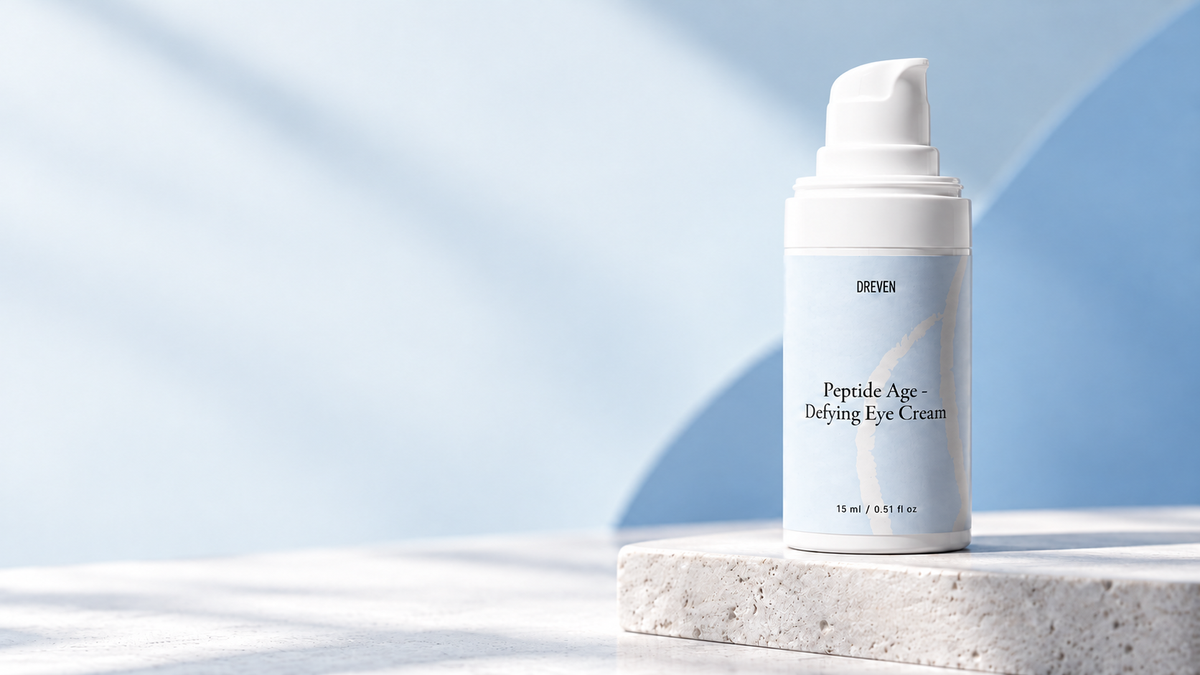 DREVEN Peptide Age-Defying Eye Cream uz gaiša akmens paaugstinājuma ar gaiši zilu fonu