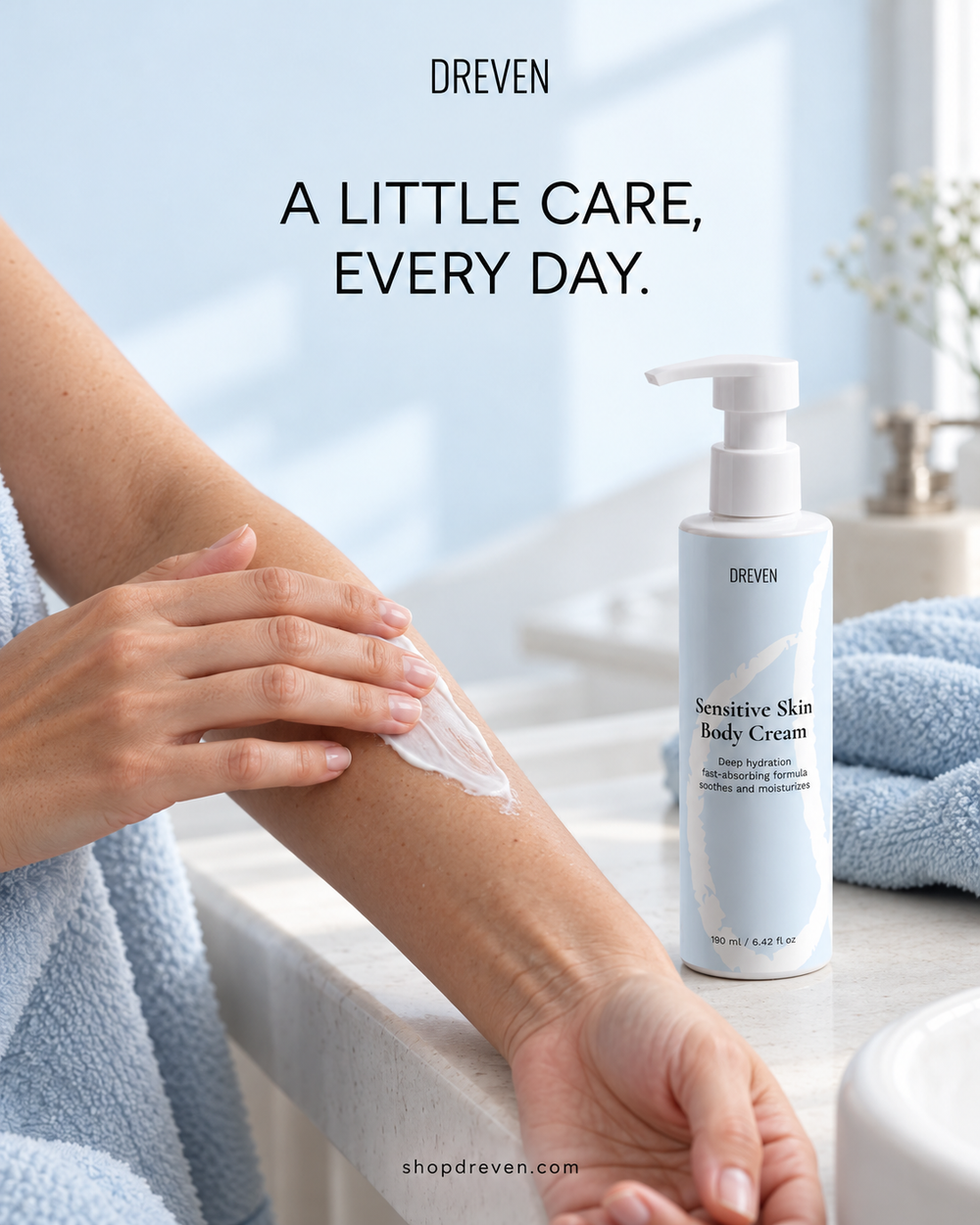 Applying DREVEN Sensitive Skin Body Cream to the forearm